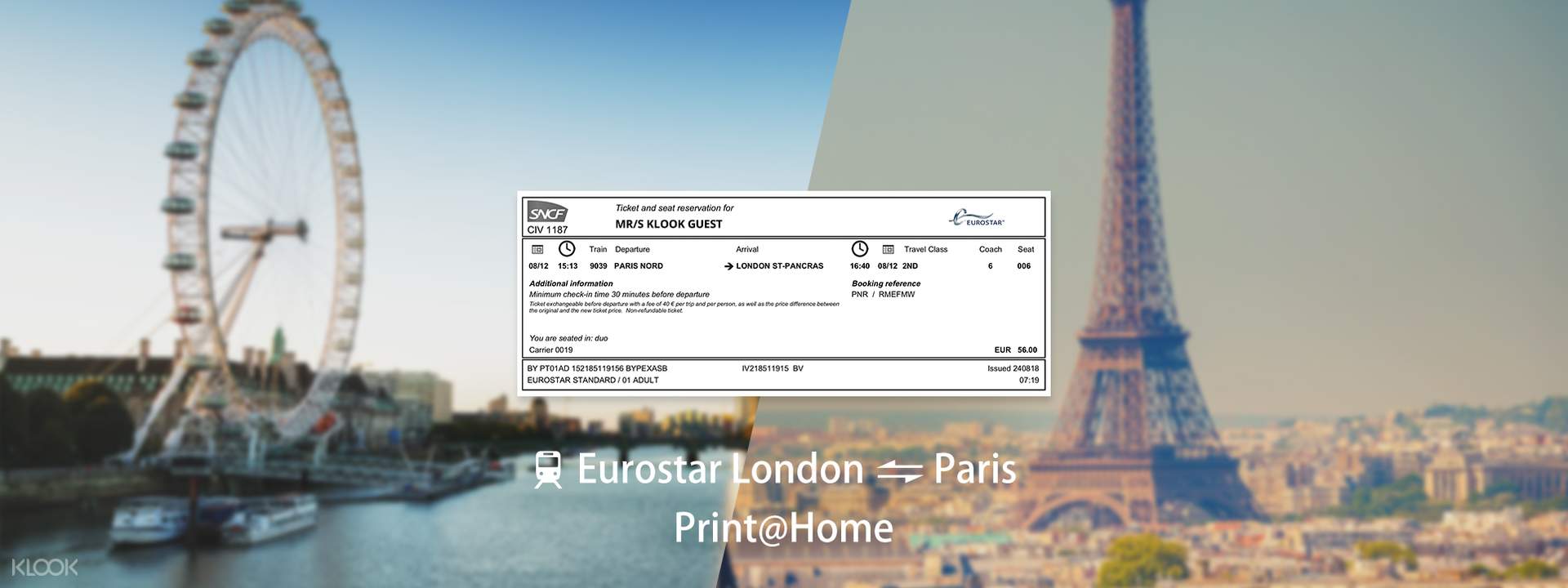 [ETicket] Eurostar Train Ticket between London and Paris (Standard
